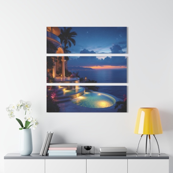 Tropical Sunset Triptych Acrylic Print — Ocean View Pool Landscape Wall Art - Picture 4 of 4